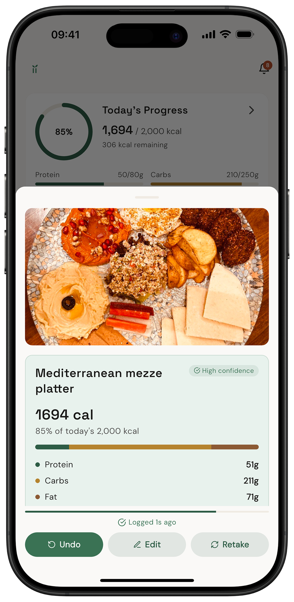 Nourii quick log showing AI photo meal analysis with nutrition breakdown
