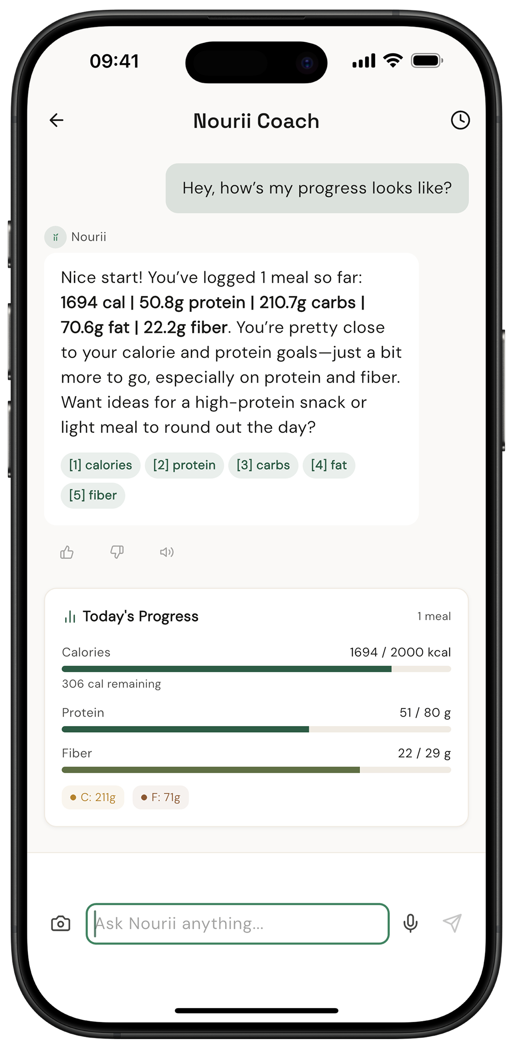 Nourii AI coach chat with inline nutrition progress