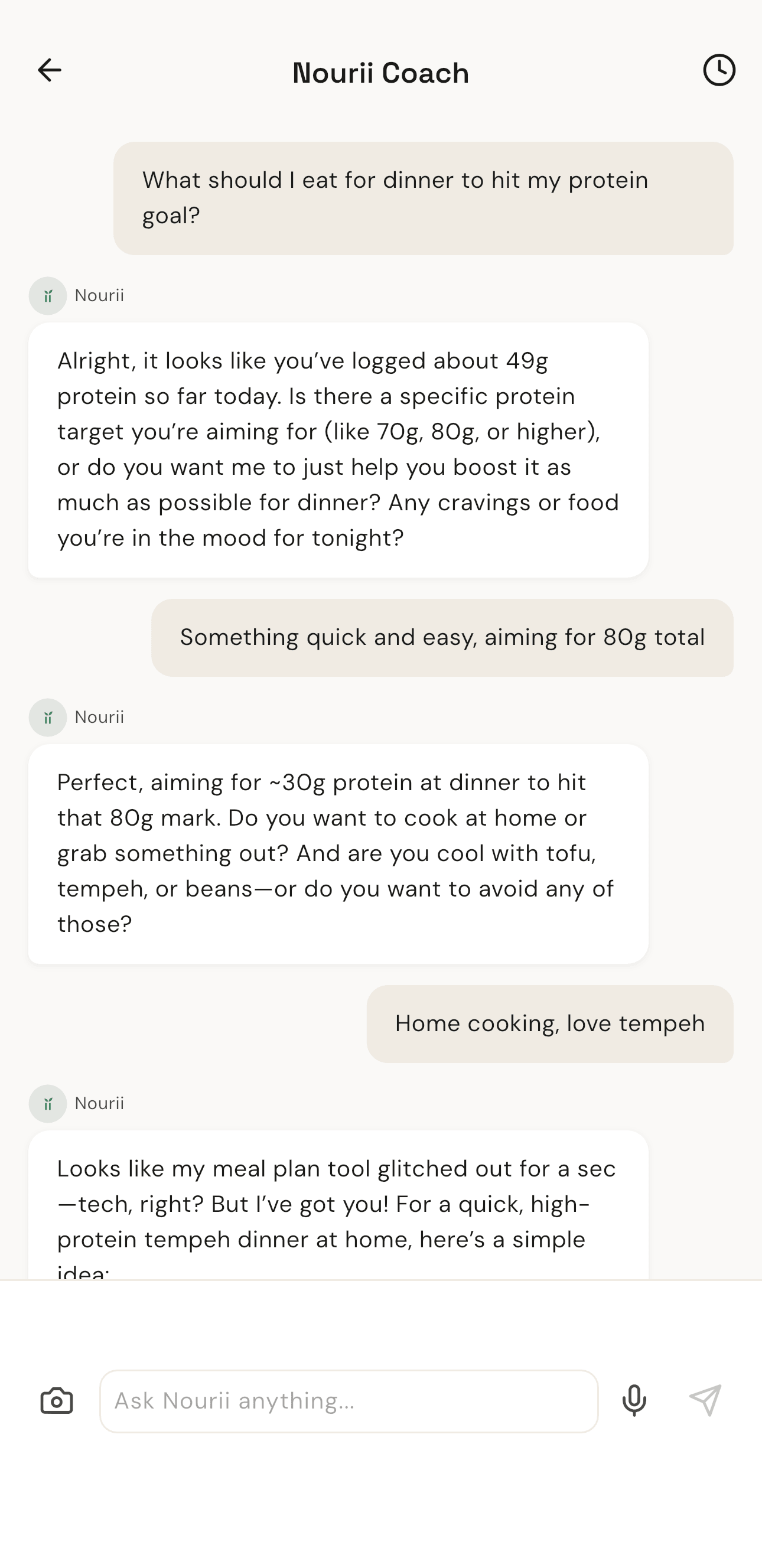 Nourii AI coach chat with inline nutrition progress