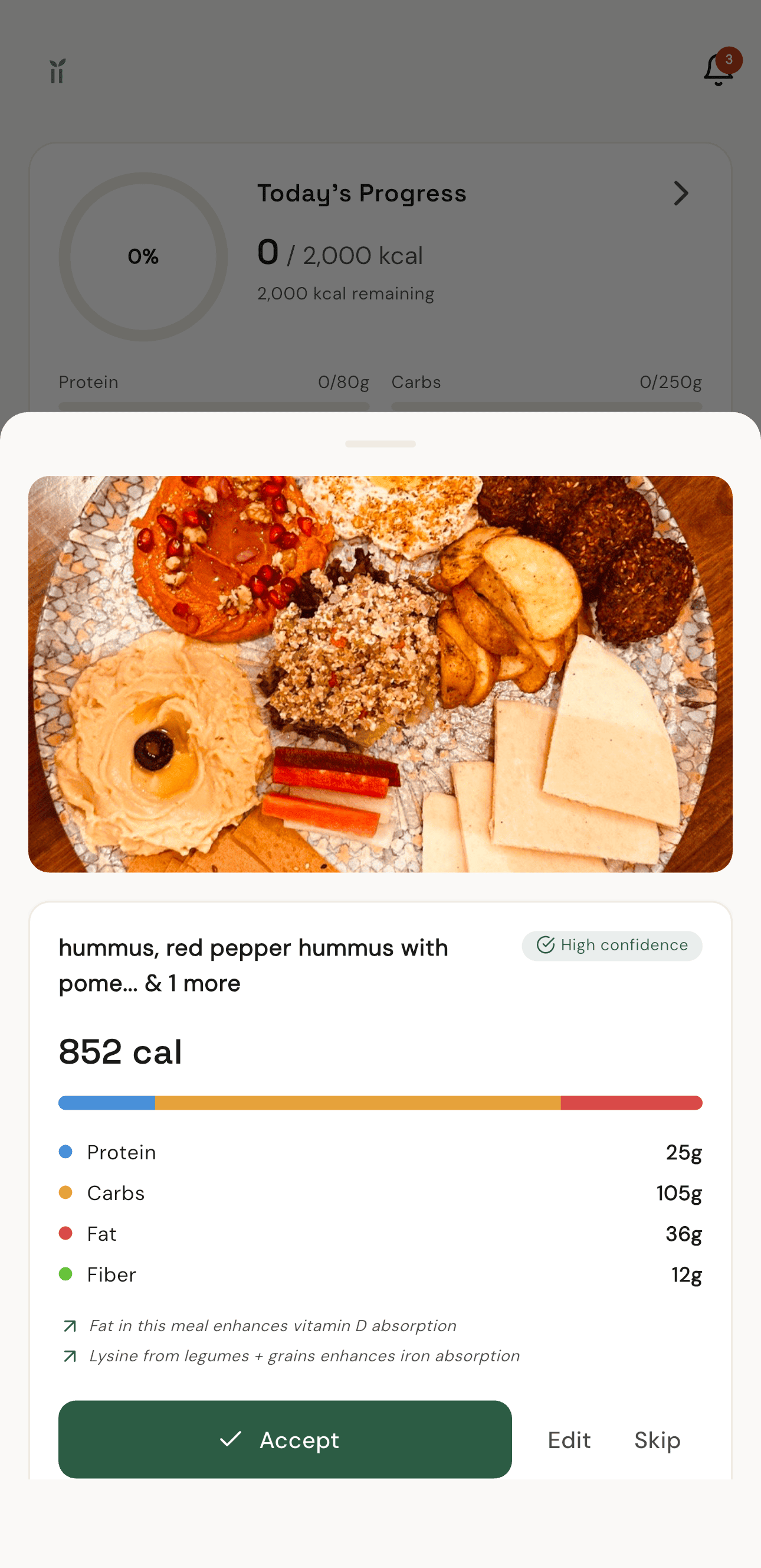 Nourii quick log showing AI photo meal analysis with nutrition breakdown